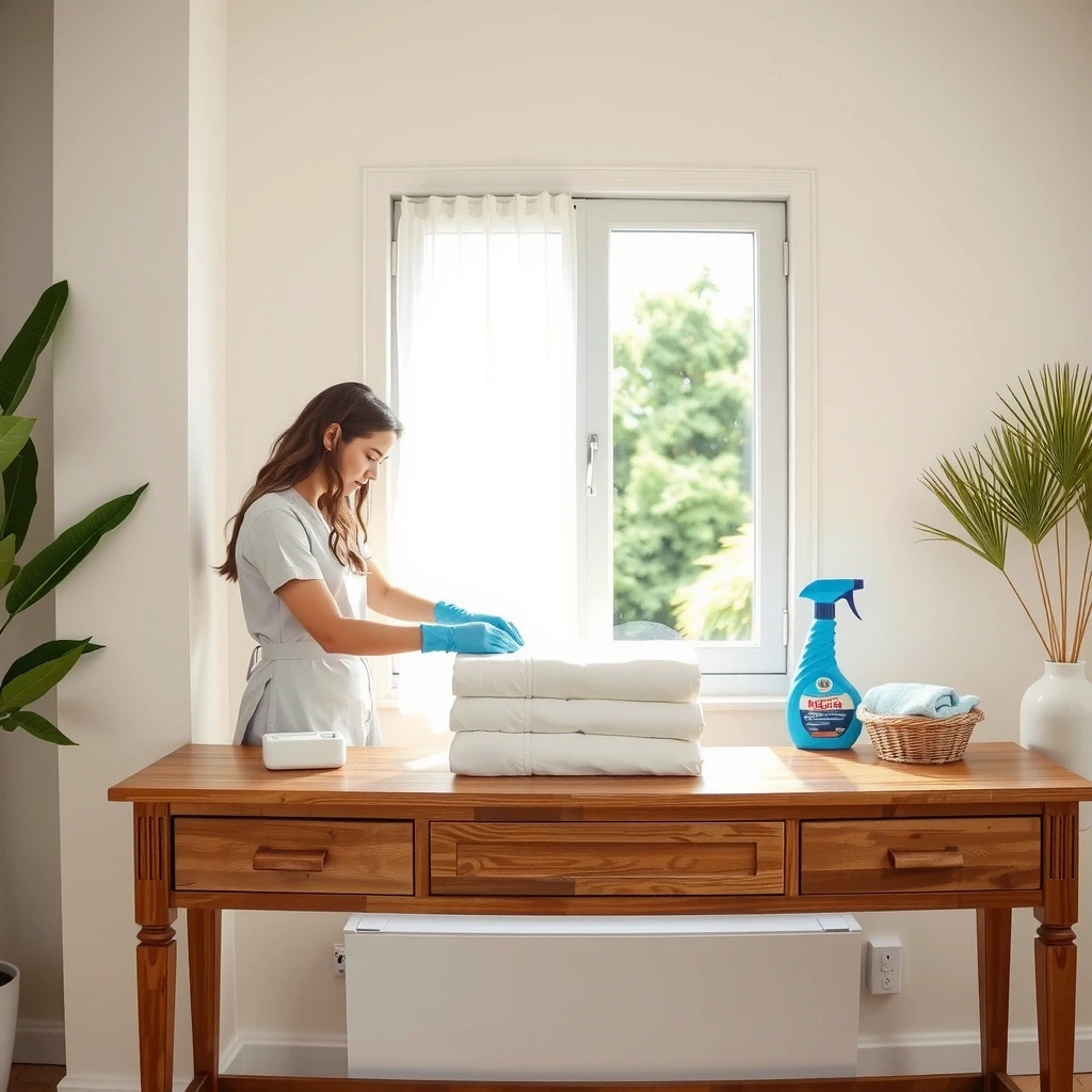 Pristine home environment with folded towels and organized cleaning tools